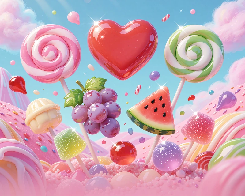 Okładka slotu Sweet Bonanza 1000: błyszczące cukierkowe serce, dwa lizaki i owoce w cukrze w pastelowej dolinie