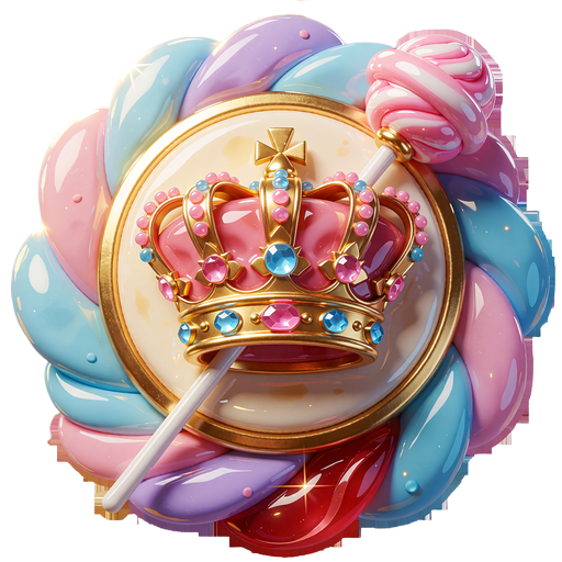 Odznaka Royal Rank: złota karmelowa korona z cukierkowymi klejnotami i lizakowym berłem, najwyższy poziom VIP Iris